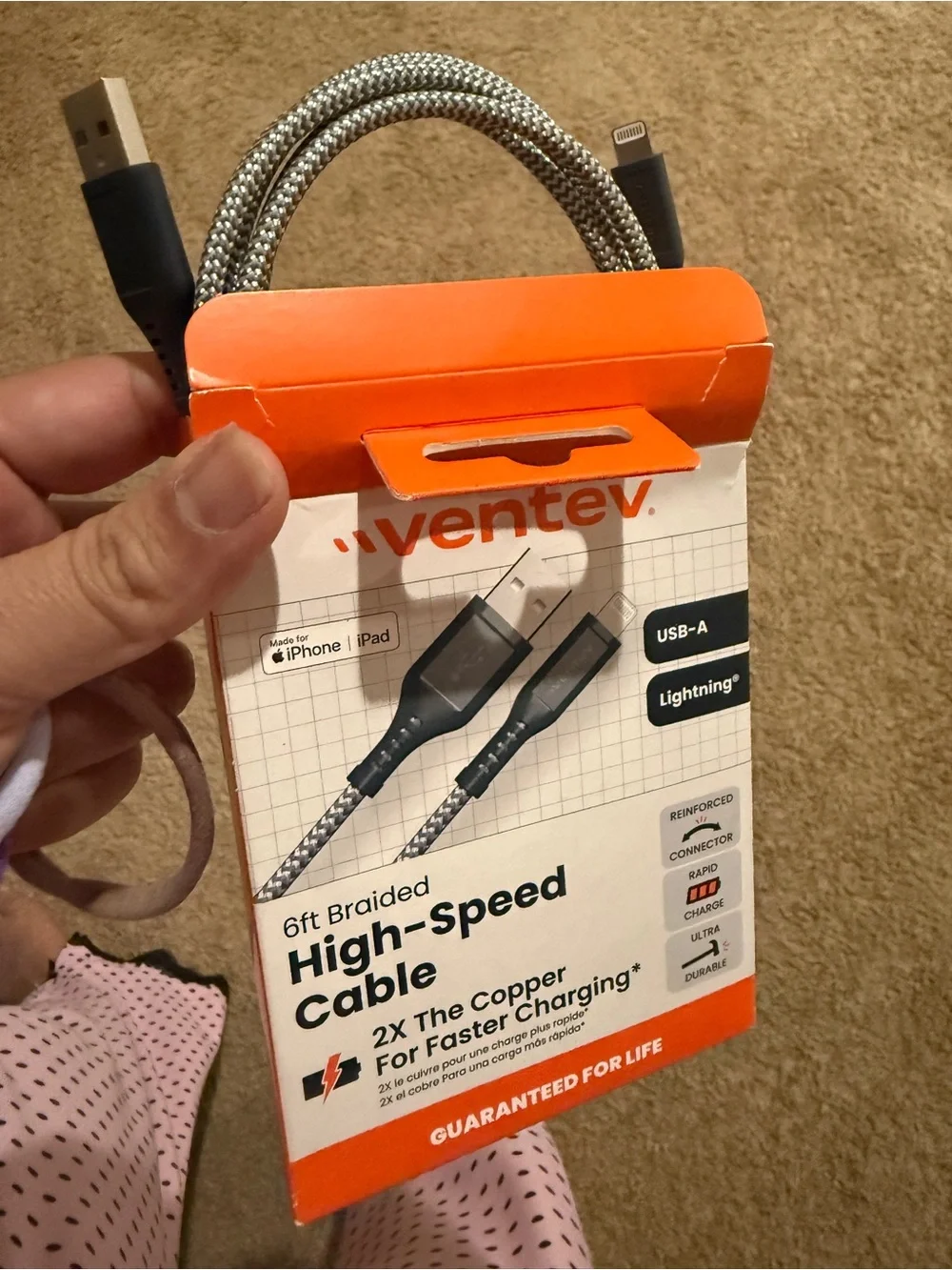 6ft Braided High-Speed Lightning to USB-A Cable — Orange
